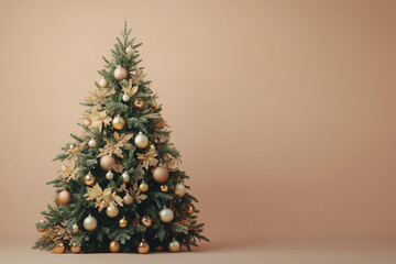 Elegant Christmas Tree Adorned with Golden and Beige Ornaments on Soft Neutral Background for Festive Holiday Inspiration and Decoration