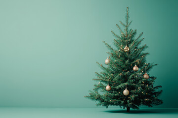 Christmas Tree Decorated with Golden Ornaments Against a Solid Turquoise Background, Ideal for Holiday-Themed Designs and Festive Displays