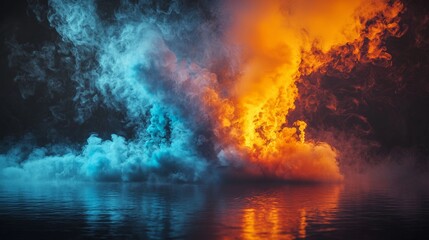 Fototapeta premium Dramatic fire and ice colored smoke over water surface