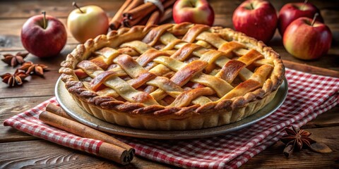 Obraz premium A Golden Lattice Crust Encases a Symphony of Sweet Apple Filling, Surrounded by Cinnamon Sticks and Star Anise on a Rustic Wooden Table
