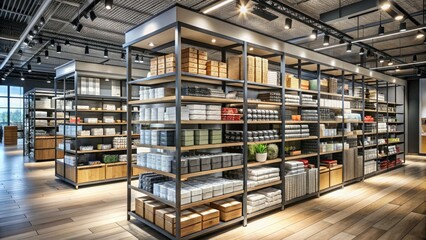 Fototapeta premium Well-Organized Retail Store Shelving Display with Neatly Stacked Merchandise and Efficient Inventory Management
