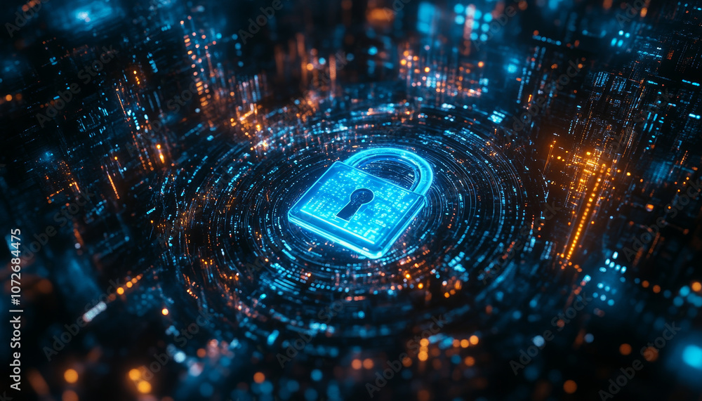 Poster high tech digital background featuring blue padlock surrounded by glowing data streams, symbolizing 