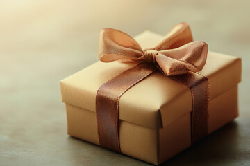 Obraz premium Elegant Brown Gift Box with Ribbon Tied in a Bow, Perfect for Special Occasions, Birthdays, Anniversaries, and Festive Celebrations on a Soft Focus Background