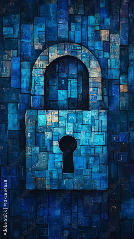 Poster artistic representation of padlock integrated with blue textures, symbolizing security and protectio