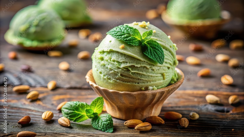 Aufkleber a scoop of green ice cream topped with a mint leaf sits in a waffle cone on a wooden table surrounde