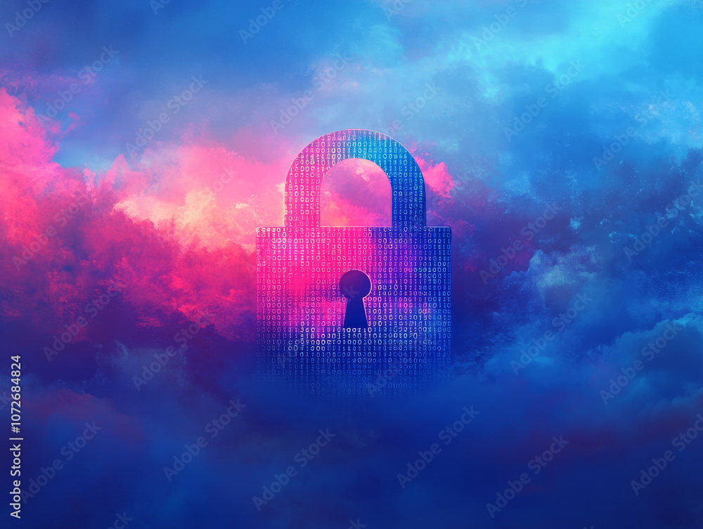 Poster digital padlock symbolizing cyber protection amidst colorful clouds, representing security and data 
