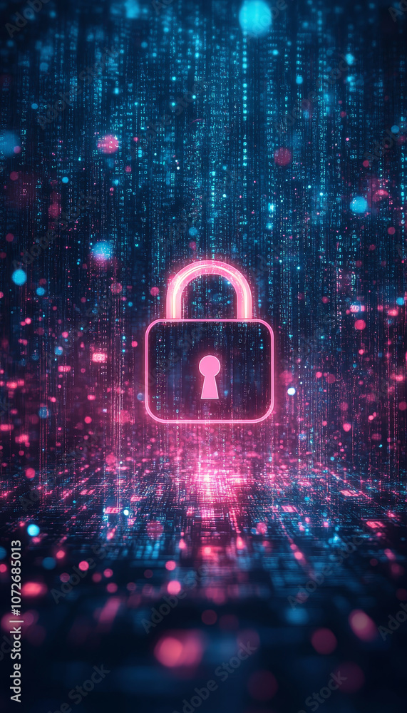 Poster digital security theme featuring luminous padlock amidst cascade of glowing data. this symbolizes pr