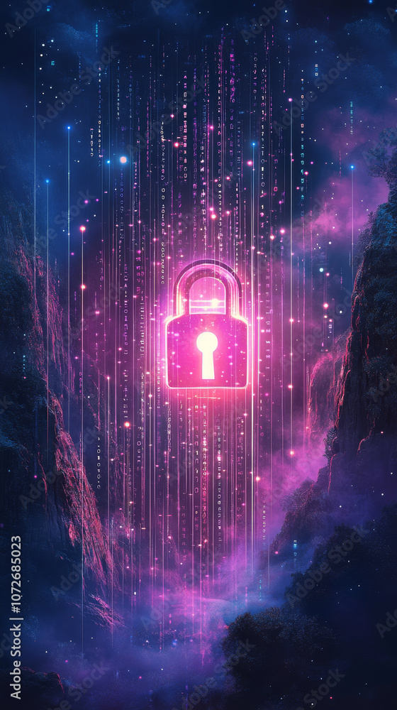 Poster luminous padlock symbolizes digital security amidst cascading data streams, creating futuristic atmo