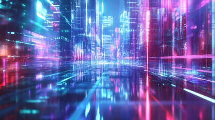 Futuristic Cityscape with Neon Lights and Reflections in a Vibrant Urban Environment at Night, showcasing Advanced Technology and Modern Architecture