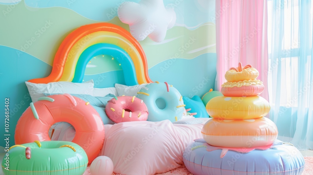 Poster a whimsical space filled with inflatable decorations such as a floating rainbow cloud above the bed 