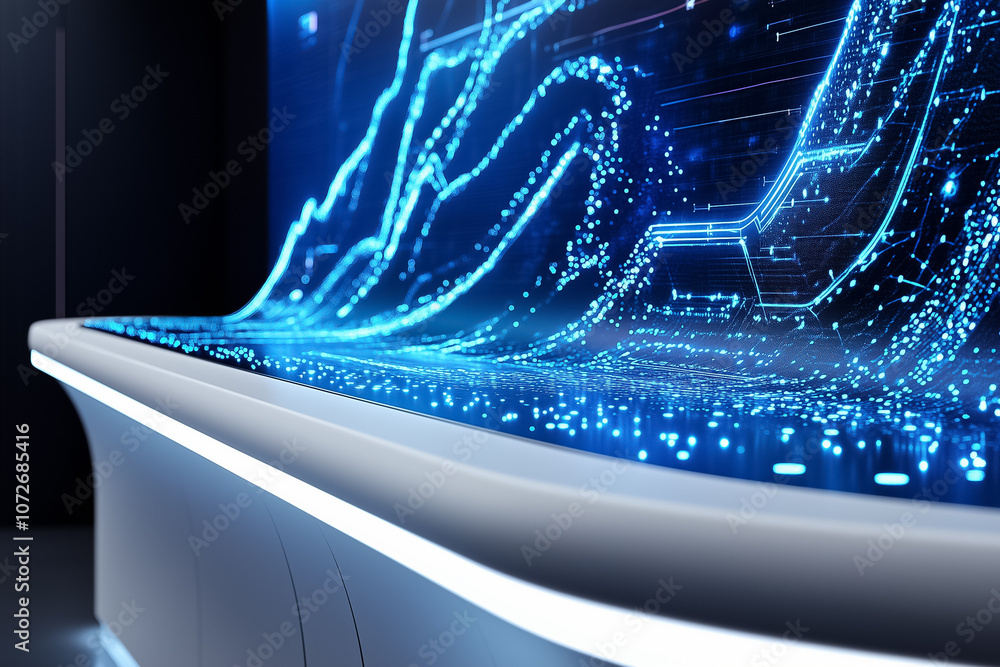 Poster a sleek digital screen presents intricate data visualizations in a high-tech setting, highlighting a