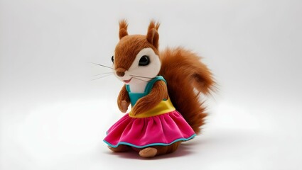 Fototapeta premium cute squirrel plush toy in bright dress isolated on white for nursery decor
