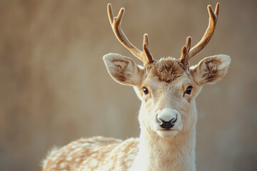 Obraz premium Majestic close-up of a young deer with elegant antlers gazing into the camera, capturing the serene beauty and innocence of wildlife in its natural habitat.