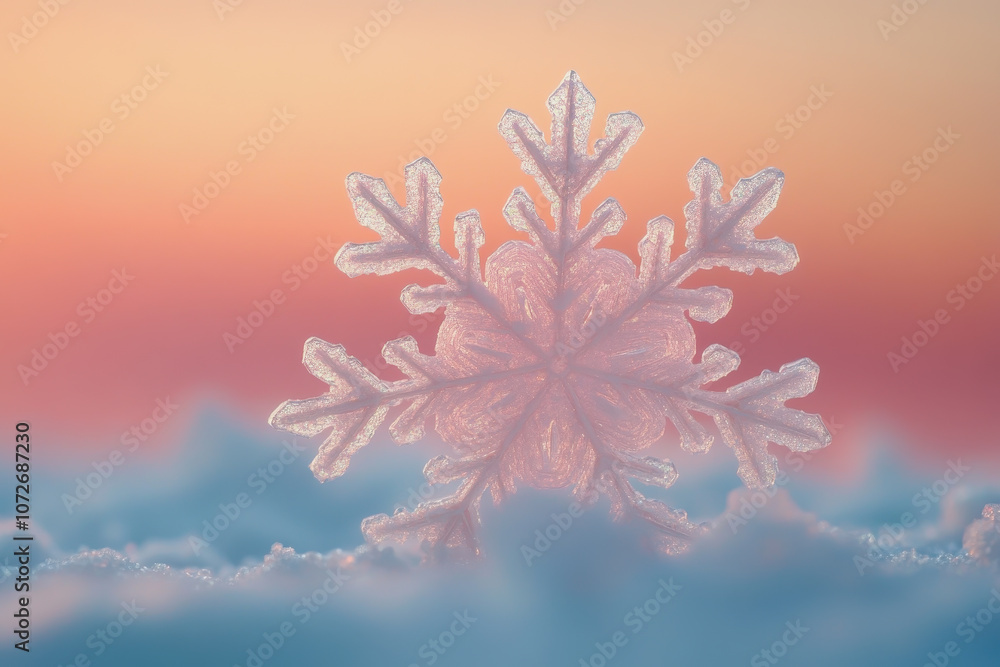 Poster exquisite close-up of a unique snowflake with delicate frost patterns glimmering against a softly co