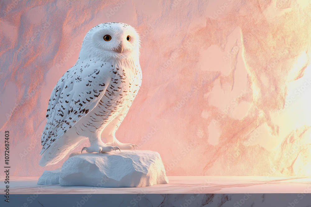 Poster realistic of a majestic snowy owl perched on a rock against a softly lit background with textured wa