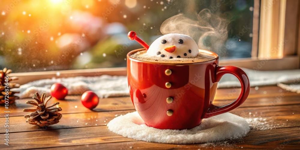 Poster a steaming cup of hot chocolate with a snowman marshmallow, adorned with red ornaments and pine cone