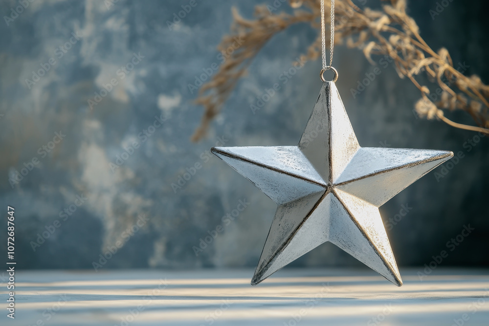 Poster decorative five-pointed star ornament hanging against a soft focus background with subtle textures a