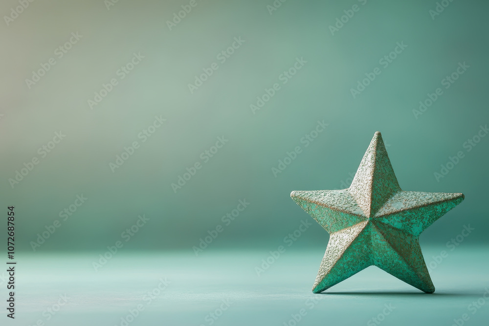 Poster decorative star sculpture with a textured surface in teal color against a soft green gradient backgr