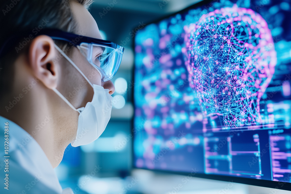 Poster a researcher in a lab coat examines ai data visualizations on a monitor while wearing protective gla