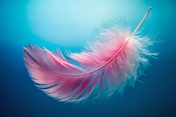 Obraz premium Close-up of a Delicate Pink Feather Hanging on a String Against a Soft Gradient Blue Background, Showcasing the Feather's Elegance and Lightness with a Touch of Whimsy
