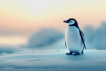 Obraz premium Majestic Emperor Penguin Standing Alone on Icy Snowy Terrain at Sunrise, Soft Pastel Sky in the Background, Capturing the Beauty of Nature's Antarctic Wildlife