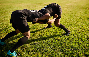 Rugby, men and tackle on field for fitness, practice and skill development for tournament. Sport,...
