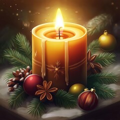 Burning candle, pine branches, baubles, star anise and cones. Festive, decorative Christmas decor. Warm, cozy winter holiday atmosphere. Christmas, New Year, holidays.
