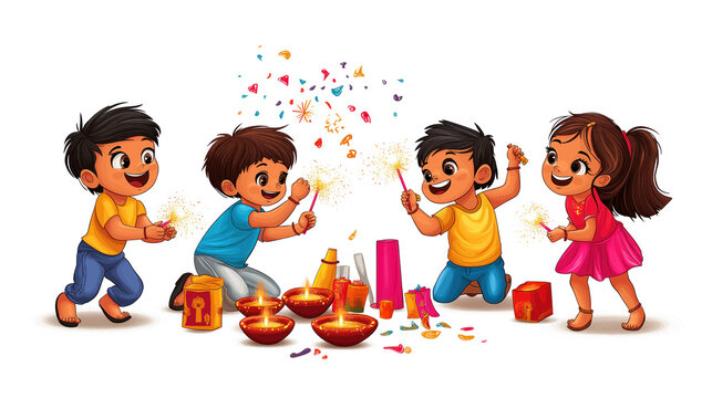 Four kids celebrate Diwali festival. They light sparklers and firecrackers. Happy children play with fireworks on a isolated transparent background. Diwali is a Hindu festival of lights. Alpha mask.