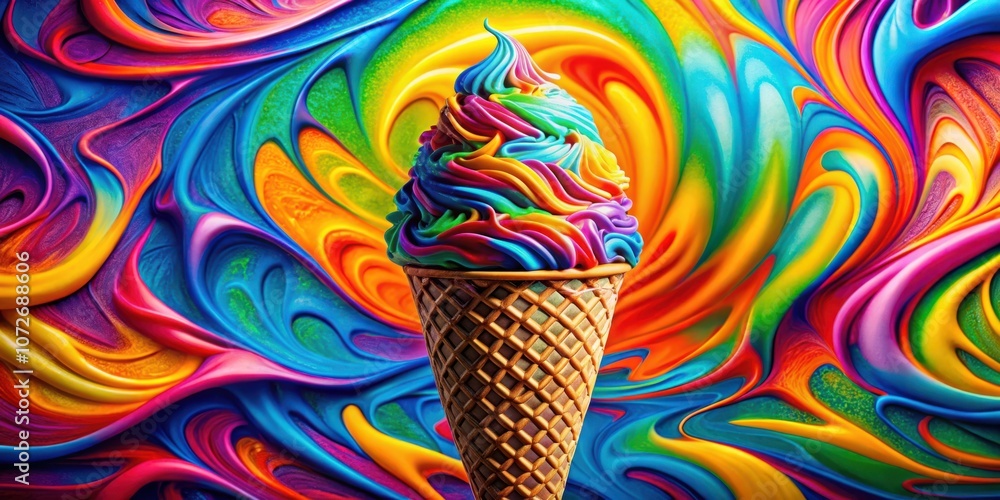 Aufkleber a single scoop of rainbow ice cream in a waffle cone against a vibrant swirling background