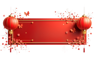 Red Chinese New Year banner with copy space. Two lanterns hang on either side with gold trim. Gold trim around perimeter of banner. Flowers, butterflies placed around banner. Banner isolated on Png.