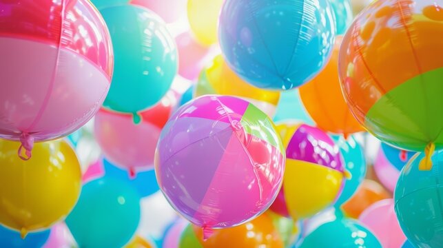 Neonhued beach balls suspended in midair evoking memories of carefree summer days spent by the pool.