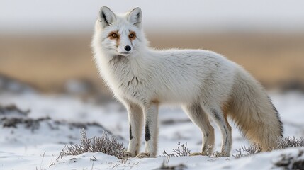 Naklejka premium A white fox with orange eyes stands in a snowy field, looking alert and curious.