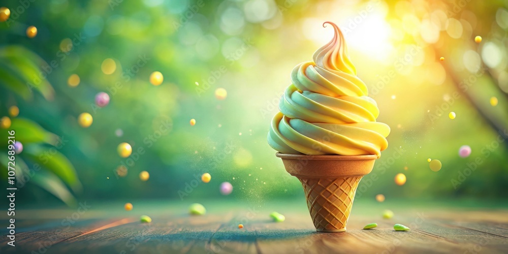 Poster A delicious ice cream cone with soft serve, resting on a wooden table with a blurred background of a sunny green forest.