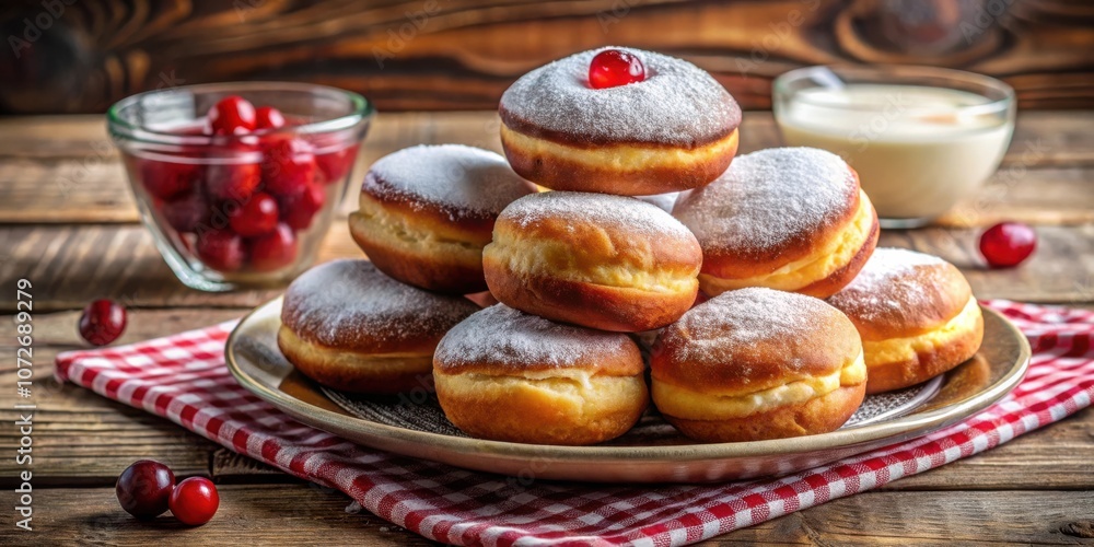Aufkleber a stack of sweet and fluffy doughnuts coated in powdered sugar and topped with a cherry on a rustic 