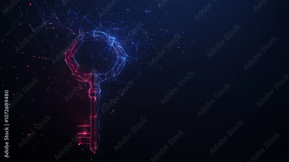 Poster abstract key icon in low poly wireframe style on dark blue background, accentuated with glowing part