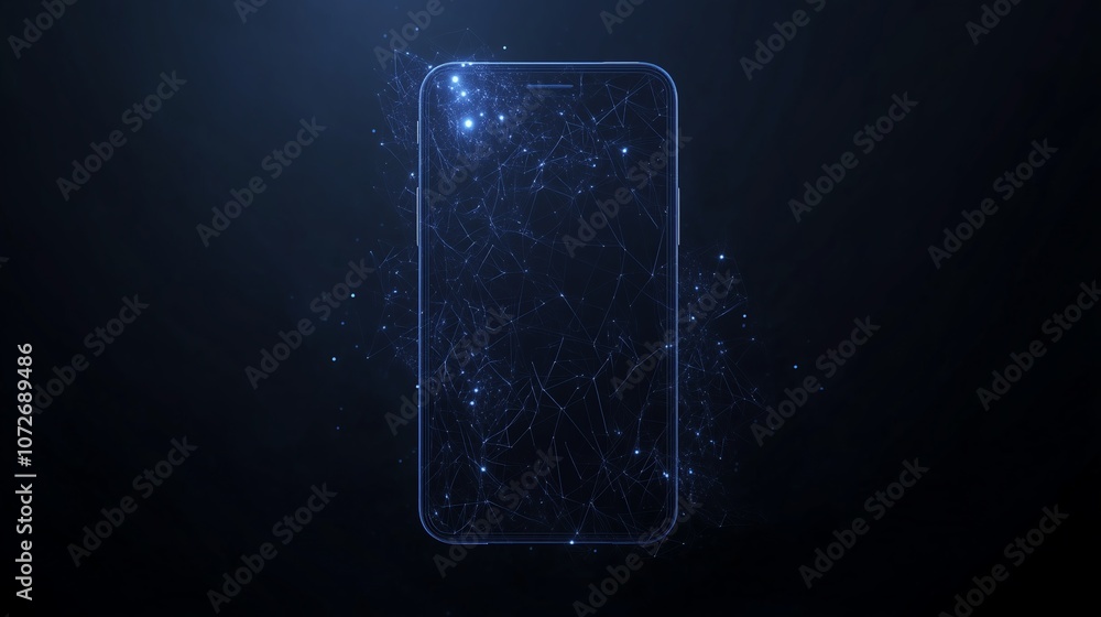 Poster abstract phone logo in low poly wireframe design with dark blue background and glowing particles, re