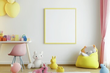 Modern Nursery Interior Design with Yellow Frame Mockup, White Plush Toy, Pink Chair, and  Colorful Toys on Desk