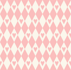 Circus harlequin seamless pattern. Romantic pattern of rhombuses and hearts. Retro background for Valentines Day. © Ирина Яшкирева