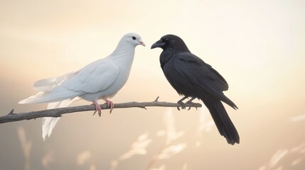 Obraz premium White Dove and Black Raven Perched on a Branch at Sunset, Symbol of Peace and Darkness, Nature Photography