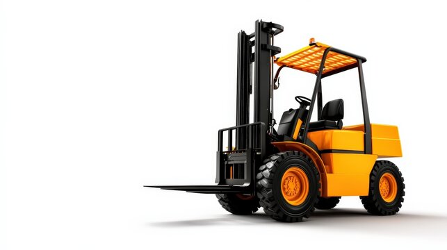 Yellow forklift on white isolated background, heavy machinery for warehouse operations.