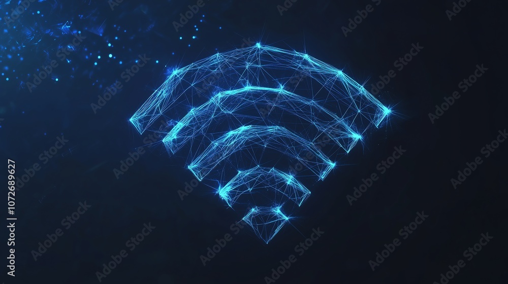 Aufkleber abstract wireless signal logo in low poly wireframe with glowing particles on dark blue background, 
