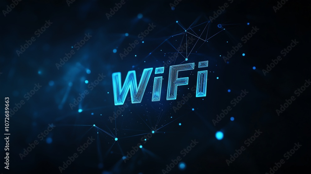 Poster wifi signal icon in low poly wireframe with glowing particles on dark blue background, emphasizing c