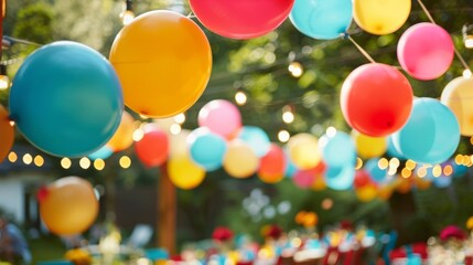 A festive party setting with strings of floating inflatable balloons serving as colorful decorations for a celebration.