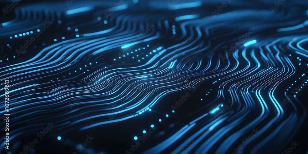 Poster top-down view of high-tech surface with glowing blue circuit lines flowing gracefully, forming intri