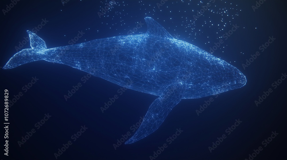 Poster abstract whale in low poly wireframe on a dark blue background with glowing particles, modern and fu