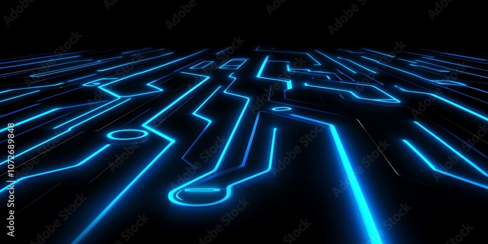 Poster abstract circuit board with glowing blue lines on a shadowy black background, sleek interconnected p