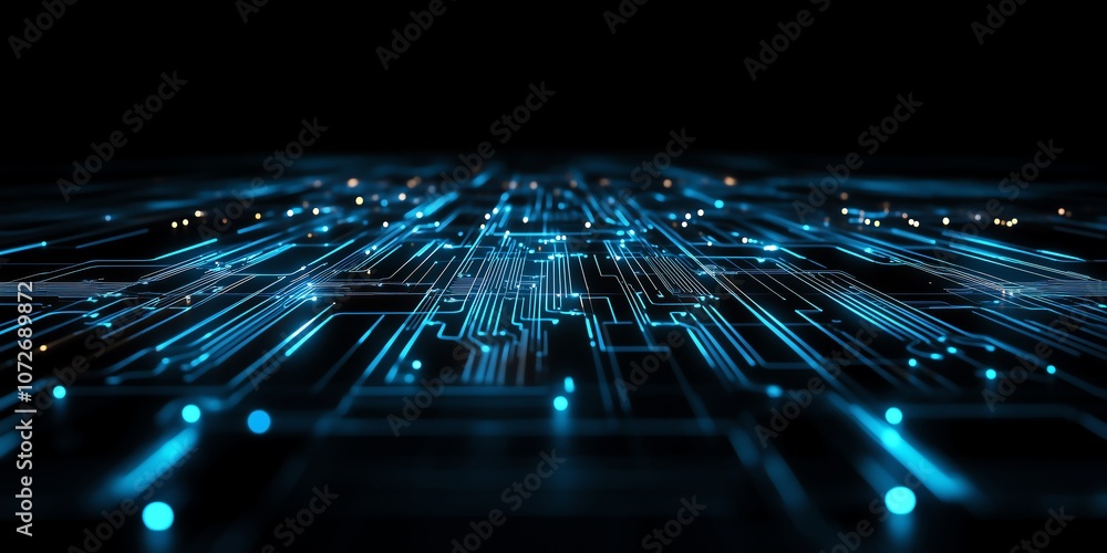 Poster abstract circuit board with glowing blue lines on a shadowy black background, sleek interconnected p