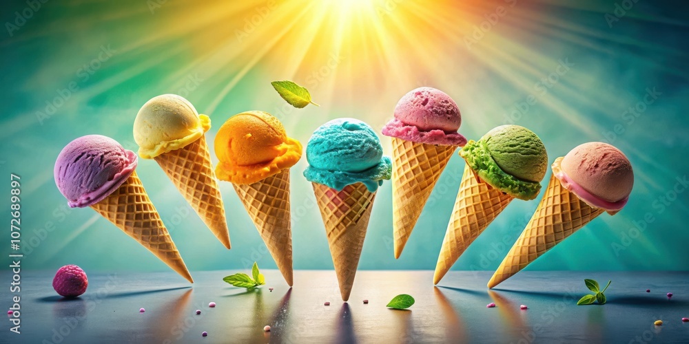 Poster a colorful assortment of ice cream cones with various flavors and textures, presented against a vibr