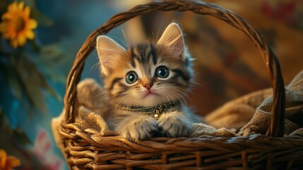 Adorable Fluffy Kitten Exploring a Cozy Woven Basket Surrounded by Soft Textiles and a Warm, Colorful Background