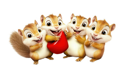 Fototapeta premium four cartoon chipmunks, laughing having fun, isolated, transparent, png, background